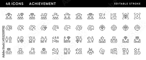 Achievement icon collection. Business values, reputation, success, competence, diversity, creativity, excellence, consistency, headhunting and more. Editable stroke. Pixel Perfect. Grid base 32 x 32. photo