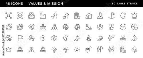 Values and mission icon collection. Core values, productivity, vision, success, consistency, achievement, competence, achievement and more. Editable stroke. Pixel Perfect. Grid base 32 x 32.
