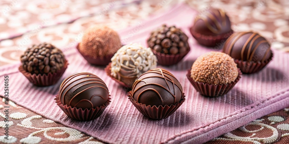 Dark chocolate truffles arranged artfully on a pastel pink tablecloth with delicate patterns, emphasizing their round shape and vibrant colors , round shape, pastel pink tablecloth Dark chocolate truffles arranged artfully on a pastel pink tablecloth with delicate patterns, emphasizing their round shape and vibrant colors , round shape, pastel pink tablecloth
