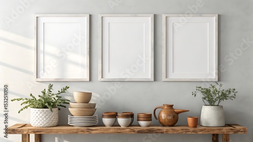 Three blank frames mockup with rustic kitchen decor