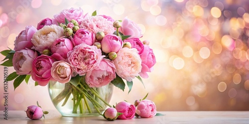 Fototapeta Naklejka Na Ścianę i Meble -  A lush bouquet of pink peonies and roses arranged in a beautiful vase with soft lighting and elegant background