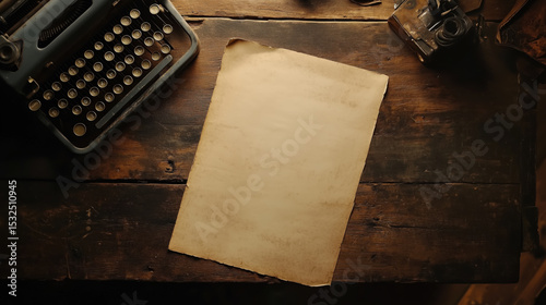 An aged empty parchment paper on rustic desk with  a broken vintage typewriter