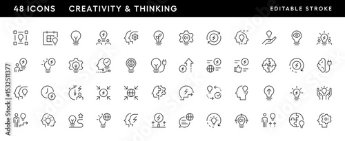 Creativity and thinking outline icon collection. Idea, creativity, inspiration, thinking, brainstorming, innovation, achievement, progress and more. Editable stroke. Pixel Perfect. Grid base 32 x 32.