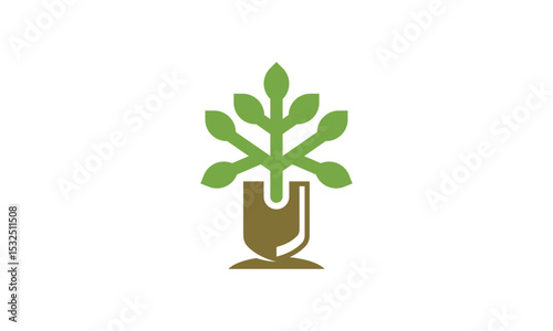 Nature Tree Shovel Logo Design – Minimalist Tree Growing from a Shovel for Eco Farming, Gardening, and Sustainable Agriculture Branding