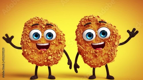 Chicken nugget friends happily wave on yellow background. Suitable for food packaging, social media posts, childrens books, and greeting cards.