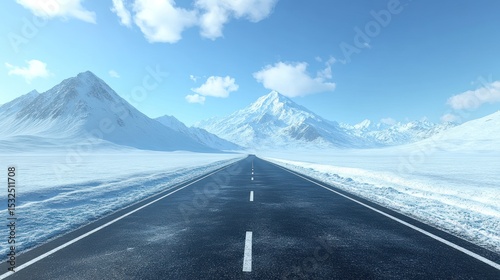 Snowy mountain road, vast landscape, sunny day, travel concept