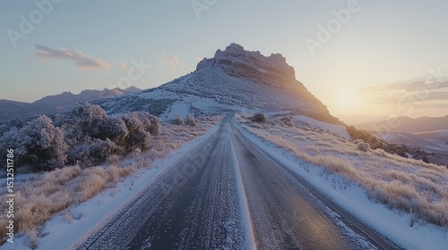 Snowy mountain road at sunrise; empty paved road leading to a snow-capped mountain. Possible use landscape photography