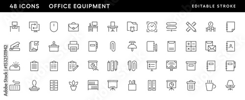 Office equipment icon collection. Workplace, equipment, devices, office tools, stationery, documents and more. Editable stroke. Pixel Perfect. Grid base 32 x 32.