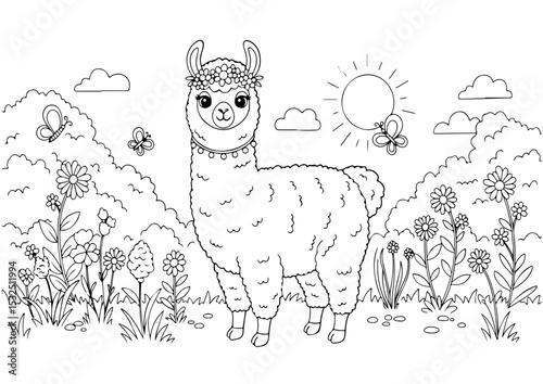 llama cartoon outline line art coloring page vector illustration white background