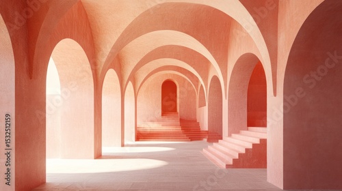 Pink arched hallway, sunlit steps, architectural design, interior rendering, for website backgrounds