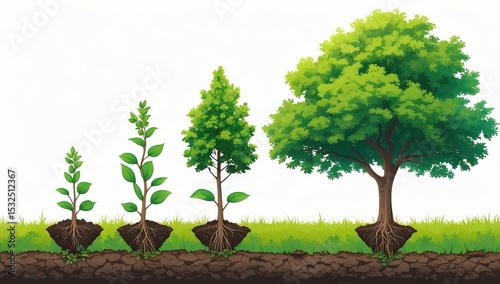 Illustration of Three Stages of Plant Growth: From Small Seedling to Mature Tree