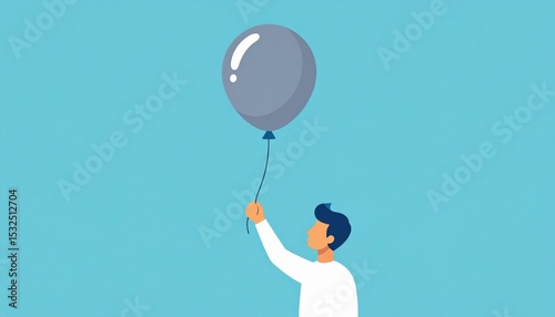 Man Holding Gray Balloon Against Light Blue Background
