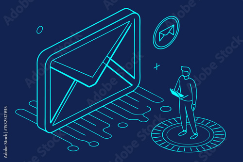 Futuristic glowing email icon with hologram effect and tech user interface