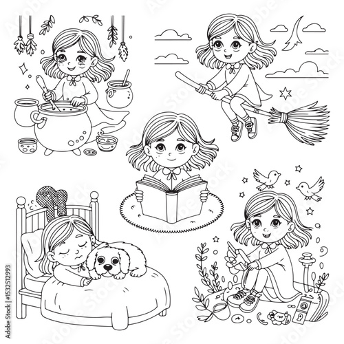 Witch girl lineart daily magical life cute activity set

