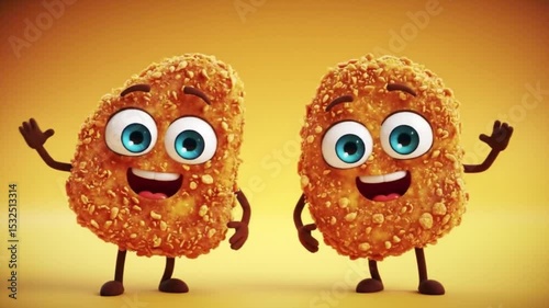 Chicken nugget friends happily wave on yellow background. Suitable for food packaging, social media posts, childrens books, and greeting cards.