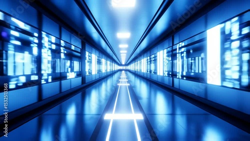 endless digital corridor with shifting luminous panels and flickering tech reflections