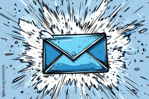 A vibrant comic-style illustration of a blue envelope bursting through a background with explosive lines and splashes.