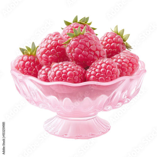 Fresh raspberries in bowl: A glass bowl filled with juicy ripe raspberries, bursting with color and sweetness. photo