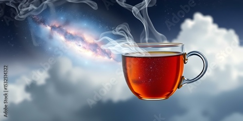 Cosmic Brew: A steaming cup of tea, with swirling vapors revealing the majesty of a galaxy against a dreamy sky, inviting a sense of wonder and contemplation.