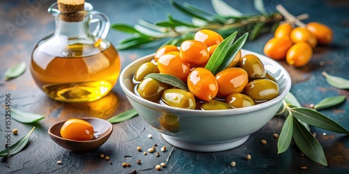 Oliva aranciate con olio e aceto in una ciotola , olio, salvia,  olio, salvia, tavola, cibo