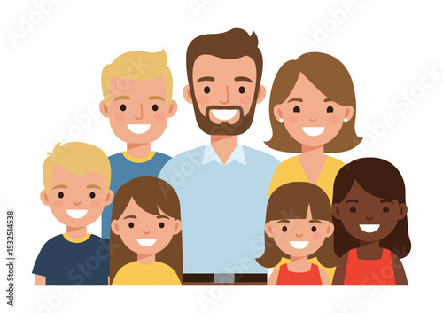 Family portrait with father at center, stylized vector flat design, smiling faces, white background