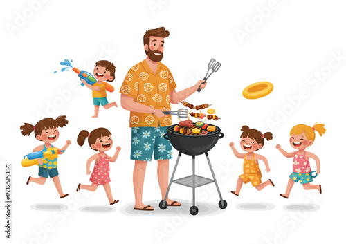 Dad grilling barbecue with kids playing around, festive vector art, summer vibes, white background