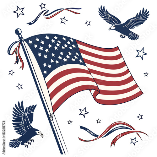 American Flag, Eagles, Ribbons, and Stars Vector Set
