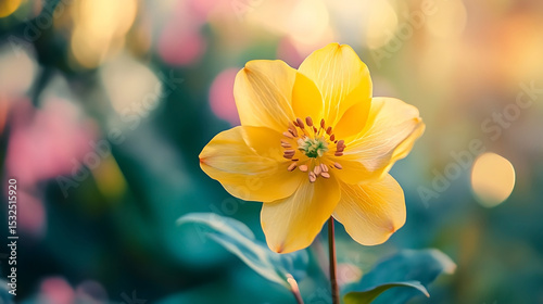 Illuminated by sunshine, the vibrant yellow winter aconite flower proudly displays its beauty in nature