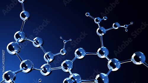 Molecular structure visualization in metallic blue representing chemical bonds and scientific research