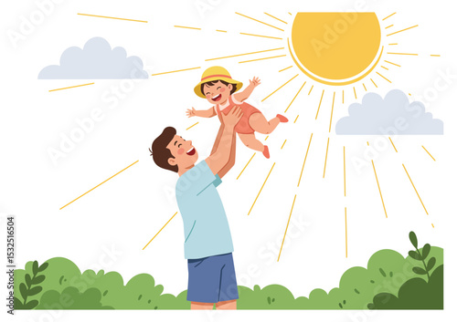 Joyful father lifting toddler in air in park sunshine isolated on white background