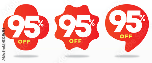 95% off, offer, promo, price, marketing, product, sticker, value, advertising, retail. Sales, special, red, balloon, shop, store, label, tag. Vector, set, icon