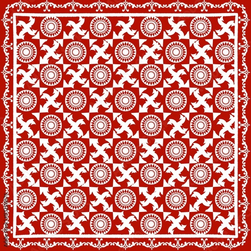 This American ethnic tribal fabric pattern features a vibrant floral design in red tones. Ethnic The modern aesthetic is highlighted by meticulous detailing, creating an ethnic bright and lively app
