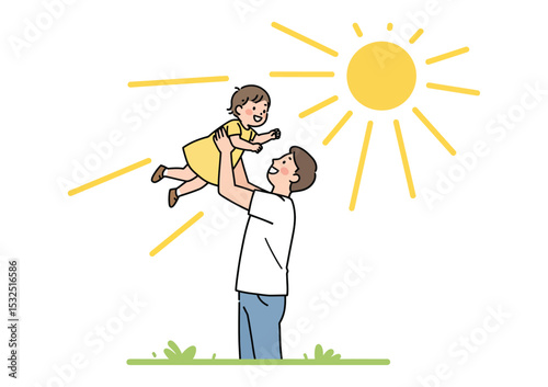 Happy father lifting toddler in air joyful park scene sunshine isolated on white background