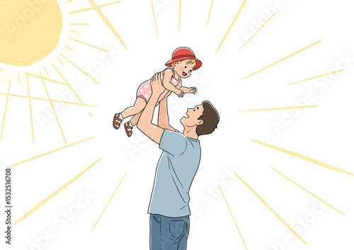 Father lifting toddler in the air in park, joyful vector moment, sunshine elements, white background