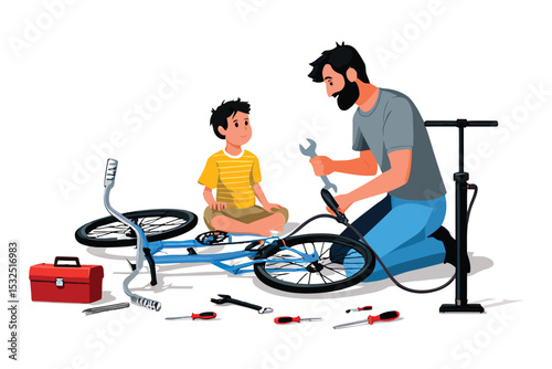 Father and son fixing bicycle together tools surrounding modern flat design isolated on white background