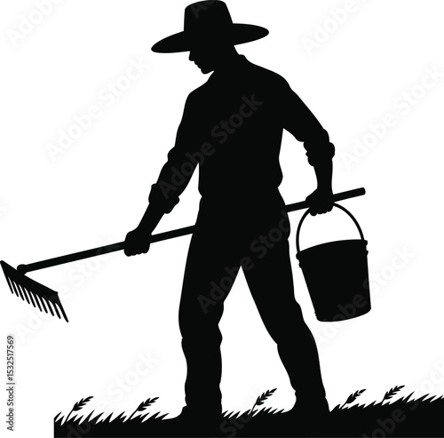 Silhouette of a Farmer Working with a Rake and Bucket, Transparent Background.