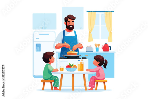 Happy father cooking breakfast with his kids in a cozy kitchen pastel colors isolated on white background