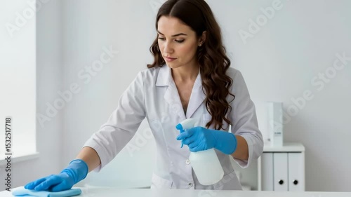Woman cleaner wiping table. Housemaid cleaning office. Disinfecting and tidying up. Hygiene and sanitation concept. Professional cleaning footage.