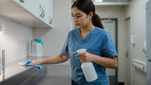 Woman cleaning a surface with a spray bottle and cloth in a healthcare facility. Disinfection and hygiene concept. Hospital environment footage.