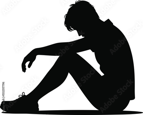 Silhouette of a Person Sitting with Head Bowed, Transparent Background.