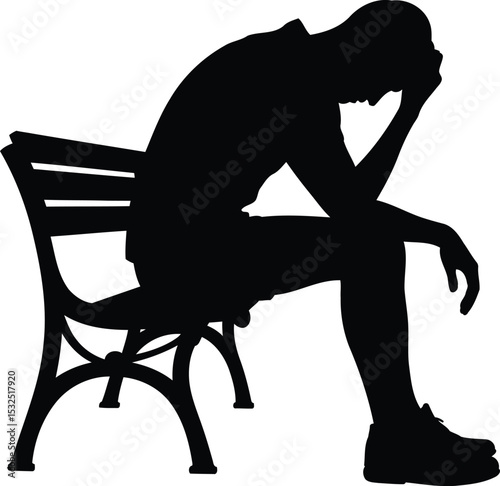 Silhouette of a Person Sitting on a Bench with Head in Hands, Transparent Background.