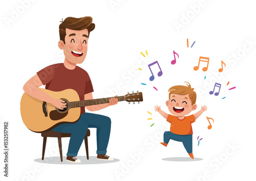 Dad playing guitar with toddler dancing nearby, music notes floating, cheerful vector scene, white background