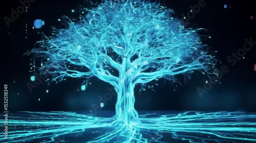 Abstract glowing tree with digital data. Artificial intelligence and big data visualization. Technology, neural network, blockchain system concept footage.