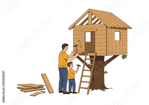 Father and child building a treehouse together, side view vector scene, construction theme, white background