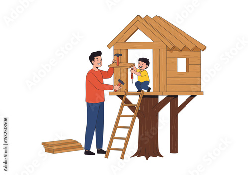 Father and child building a treehouse together side view illustration isolated on white background