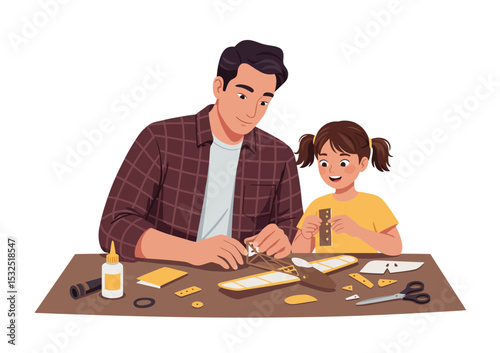 Father and child building a model airplane together at a table, flat vector scene, hobby theme, white background