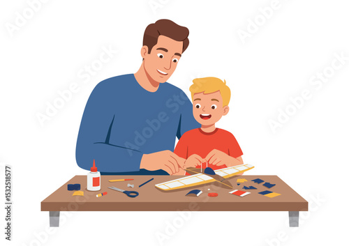 Father and child building model airplane together at table flat vector illustration hobby theme isolated on white background