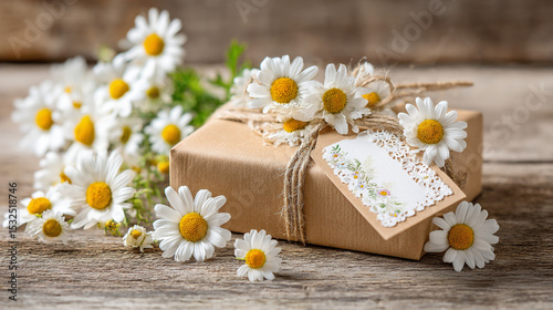 A gift wrapped in brown paper with daisies and a tag on a wooden surface, close up view of the setup