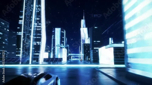 Futuristic cityscape at night with neon light trails from cars and glowing buildings. Smart metropolis concept for urban development. Footage.