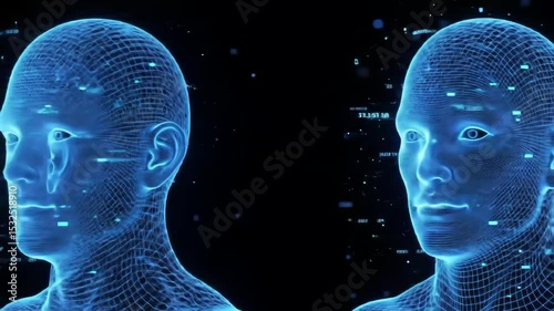Two abstract human heads made of blue wireframe face each other. Concept of artificial intelligence and digital communication footage.